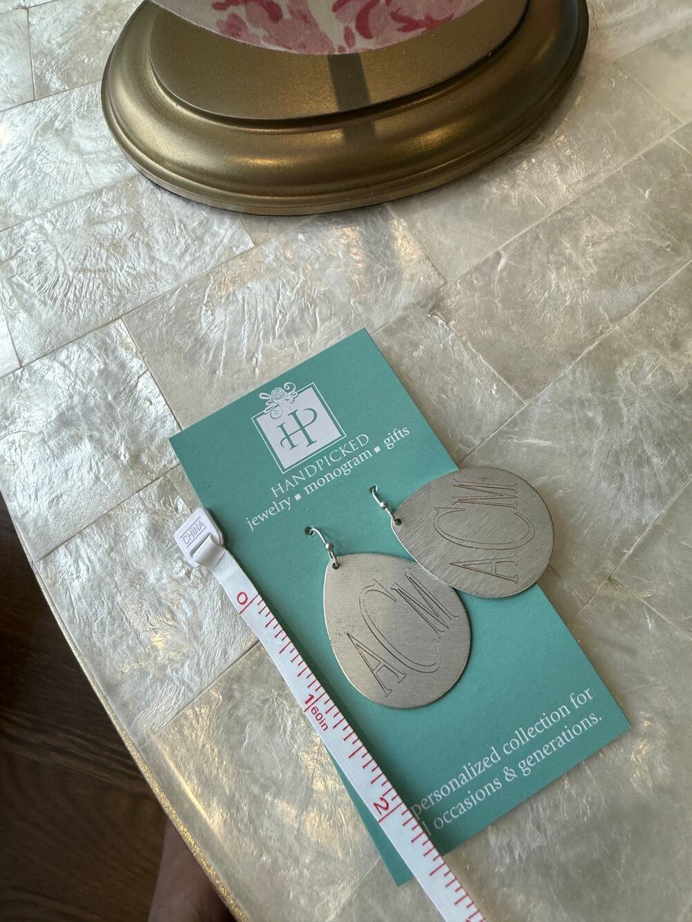 Hand Picked Monogrammed ACM Teardrop Silver Tone Dangle Earrings NWT